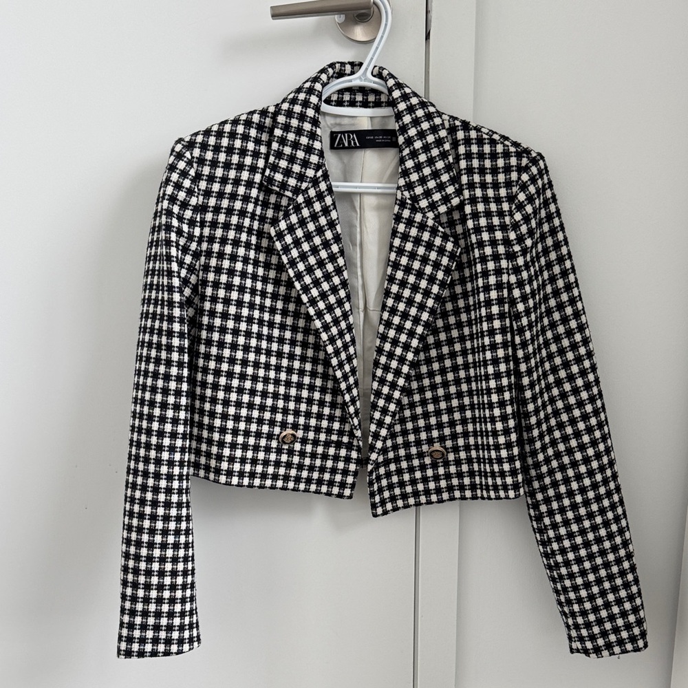 Zara Black & White Houndstooth Cropped Blazer – XS